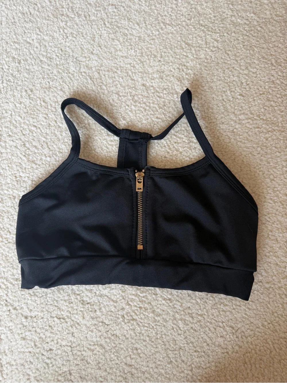 Youth Large Black Dance Zip-Front Sports Bra with Gold Logo